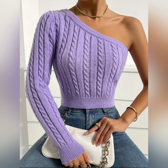 New!  One-Shoulder Cable Knit Sweater - Purple - Picture 3 of 8